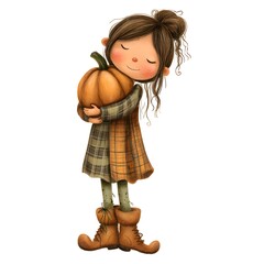 Girl is holding a pumpkin in her arms. She is wearing a plaid shirt and a scarf