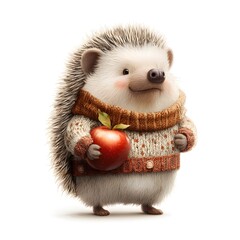 Cartoon hedgehog is holding an apple in its mouth. The hedgehog is wearing a sweater and he is enjoying the apple