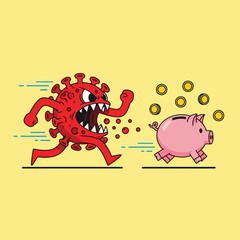 Cartoon Coronavirus Chasing Piggy Bank with Coins.