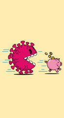 Cartoon depiction of COVID-19 chasing a piggy bank with coins.