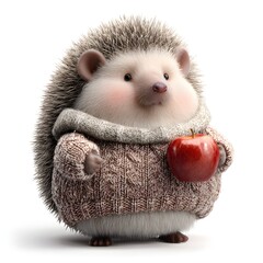 Cartoon hedgehog is holding an apple in its mouth. The hedgehog is wearing a sweater and he is holding the apple in a playful manner
