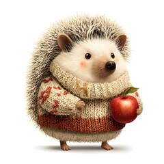 Cute hedgehog is holding an apple in its mouth. The hedgehog is wearing a sweater and he is enjoying the apple