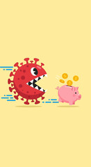 Cartoon Virus Chasing Piggy Bank - Financial Threat Illustration.