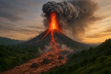 A massive volcanic eruption in a hilly beautiful landscape