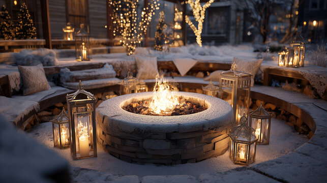 Outdoor winter scene with fire pit surrounded by lanterns and snow covered seating area at night