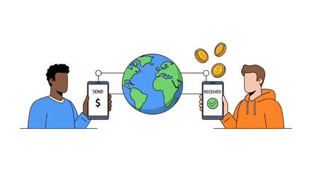 Global Money Transfer Illustration - Sending and Receiving Funds Worldwide.