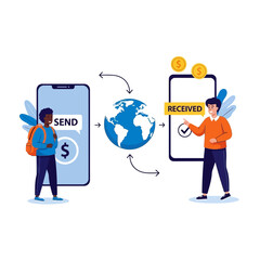 Global Money Transfer Illustration with Mobile Phones and People.