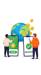 Global Money Transfer via Mobile Phones with Earth Background.