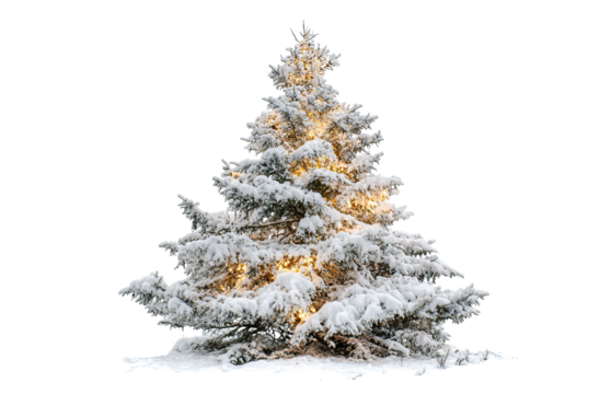 Snow Covered Christmas Tree with Lights isolated on a transparent background