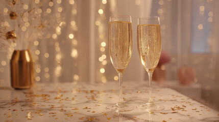 Two champagne flutes filled with bubbly liquid on a table with bokeh lights background and confetti decoration