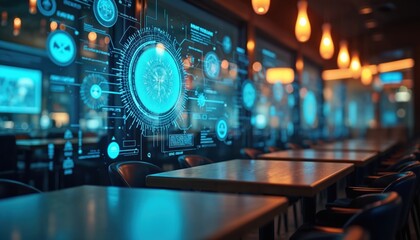 Fototapeta premium Illustration presents smart restaurant interior with visual data screen. Modern futuristic design for business presentation. Advanced tech shows information graphic overlay. Idea for cafe automation,