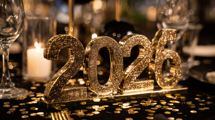 Close up of golden numerals displaying year on table with candle and glassware in background