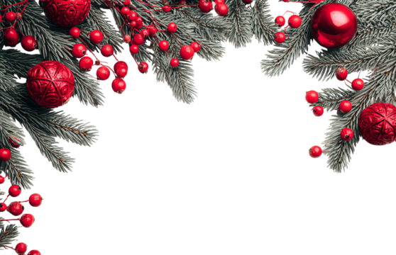 Christmas Fir Branches Red Ornaments Berries isolated on a transparent background