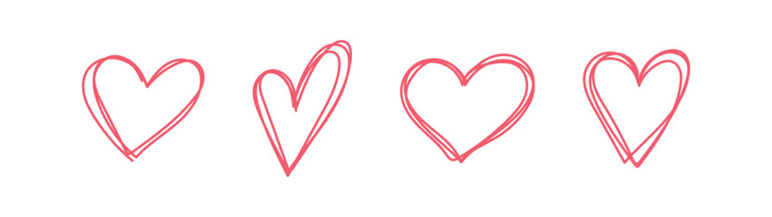 set of sketch pink hand draw heart, red doodle line icon heart, romance love elements for Valentine's Day, heart symbol design cards, poster, banner, pattern, advertisement	
