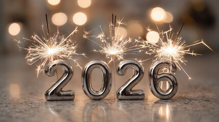 Shiny silver year numerals with sparklers celebrating the upcoming year two thousand and twenty six