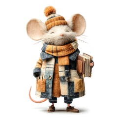 Mouse is wearing a scarf and holding a book. Concept of warmth and comfort, as the mouse is dressed for the cold weather and holding a book, which could be a source of entertainment or education