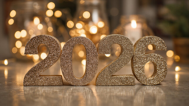 Golden shimmering twenty twenty six numbers with blurred lights in the background for new year celebration