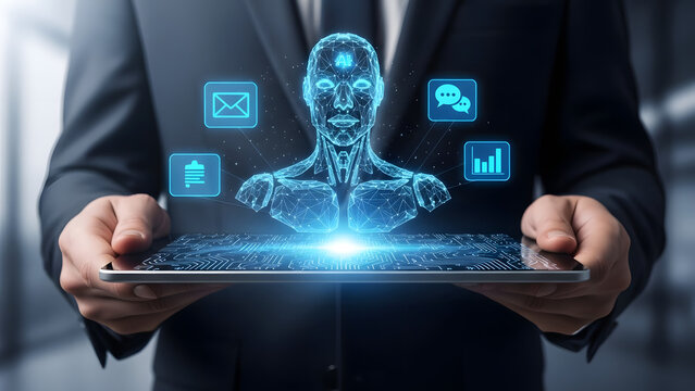 Businessman holding tablet displaying holographic ai head and data icons