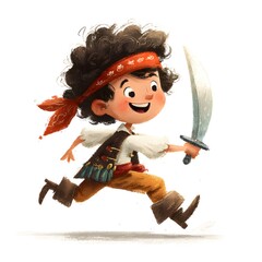 Cartoon boy in a pirate costume is running with a sword. He is smiling and he is happy