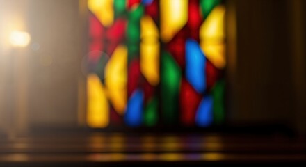 Abstract blurred stained glass window with vibrant colors and warm lens flare creating a spiritual and peaceful atmosphere