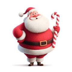 Cartoonish version of Santa Claus holding a candy cane. The image has a playful and festive mood, as it is a representation of the holiday season
