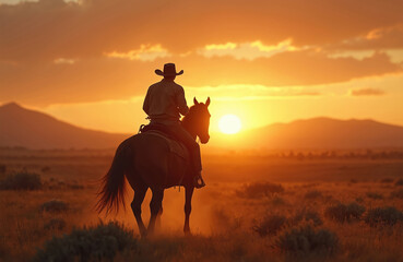 A cowboy rides horse during sunset. The image shows a silhouette of a man in cowboy hat. Warm golden light bathes the desert landscape at dusk.