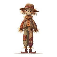 Scarecrow with a hat and a fake face. The scarecrow is made of straw and has a creepy look