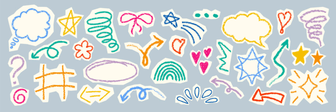 Playful torn paper doodle stickers. Cheerful hand drawn icon set. Decorative bright sketch accents for collage scrapbook design. Kids childish colorful fun symbols