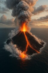 A volcanic island exploding from the ocean, steam clouds billowing upward, lava meeting water in a dramatic clash