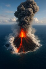 A volcanic island exploding from the ocean, steam clouds billowing upward, lava meeting water in a dramatic clash