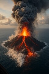 A volcanic island exploding from the ocean, steam clouds billowing upward, lava meeting water in a dramatic clash