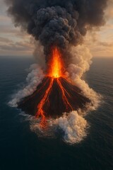 A volcanic island exploding from the ocean, steam clouds billowing upward, lava meeting water in a dramatic clash