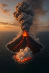 A volcanic island exploding from the ocean, steam clouds billowing upward, lava meeting water in a dramatic clash
