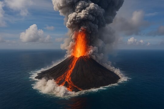 A volcanic island exploding from the ocean, steam clouds billowing upward, lava meeting water in a dramatic clash