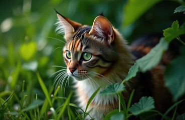 Fluffy tricolor cat with vivid green eyes sits in fresh green grass. Feline observes nature intently, looking to side. Pet explores garden environment, showing hunter instinct. Cute animal portrait,