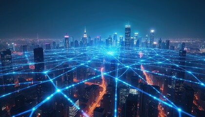 Fototapeta premium Digital network lines span across modern city skyline at night. Bright blue connections illustrate future tech connectivity, smart urban infrastructure. Data flows fast between tall buildings in