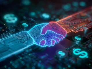 Glowing digital handshake merging circuitry and finance symbols, representing partnership, fintech innovation, secure transactions, and the collaboration between technology and business.