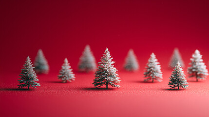 Fototapeta premium Miniature snow-covered Christmas trees arranged on a red background create a clean, festive, minimalist holiday scene perfect for seasonal themes, decoration, and celebration visuals.