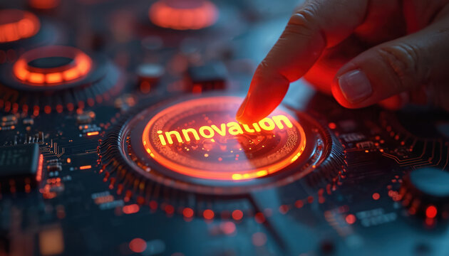 Human finger presses glowing innovation button on circuit board. Tech concept illustration of digital progress. Futuristic interface activating innovation in electronics. Science advancement.