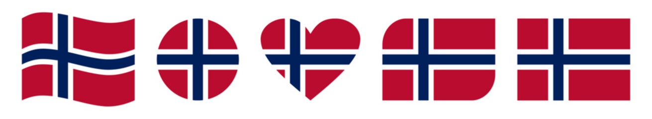 Obraz premium Set of Five Norway Flag Icons in Diverse Shapes Including Waving Banner, Circle, Heart Symbol, Vertical Emblem and Rectangular Design, Representing National Pride and Scandinavian Identity