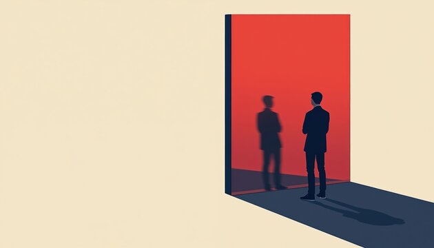 Silhouette of man standing near the red wall with a shadow. Businessman looks at his reflection. Abstract illustration about self-awareness inner thoughts and business concept.