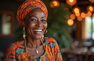 Happy senior African woman smiles brightly at camera. Wears vibrant patterned turban, matching traditional dress. Face radiates joy, confidence, cultural pride. Beautiful older lady embodies