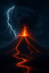 A colossal volcano erupting under a stormy night sky, lightning branching through the ash plume, glowing lava rivers carving paths down the mountain, ultra-realistic cinematic style.