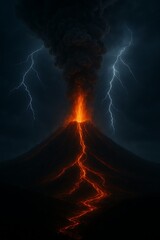 A colossal volcano erupting under a stormy night sky, lightning branching through the ash plume, glowing lava rivers carving paths down the mountain, ultra-realistic cinematic style.