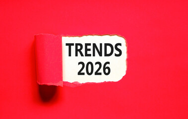 Trends 2026 new year symbol. Concept words Trends 2026 on beautiful white paper. Beautiful red paper background. Business and Trends 2026 new year concept. Copy space.
