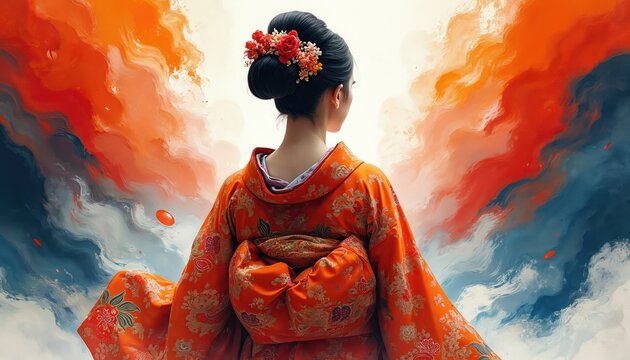 Woman wears traditional orange kimono dress with flower hair decoration. Abstract brushstrokes background. It presents japanese culture or fashion with colorful modern design or illustration. - Powered by Adobe