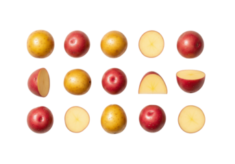 Top view of fresh red and yellow potatoes, whole and cut, Isolated on Transparent Background