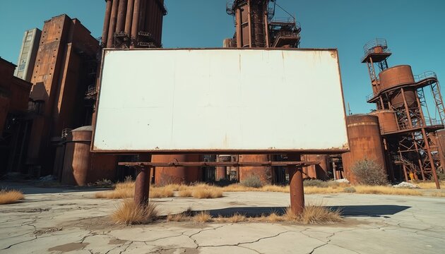 Blank white billboard stands in desolate industrial wasteland. Rusted metal structures and smokestacks dominate background under clear blue sky. Cracked concrete ground shows sparse dry grass. - Powered by Adobe