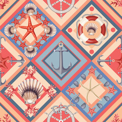 Summer marine anchor and seashells pattern in colorful geometric squares vector seamless design