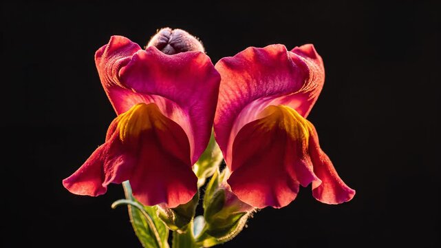 A soft macro time-lapse of a snapdragon bud gradually opening into its characteristic layered tubular petals. Delicate textures and gentle vertical blooming motion stand out clearly against a deep bla